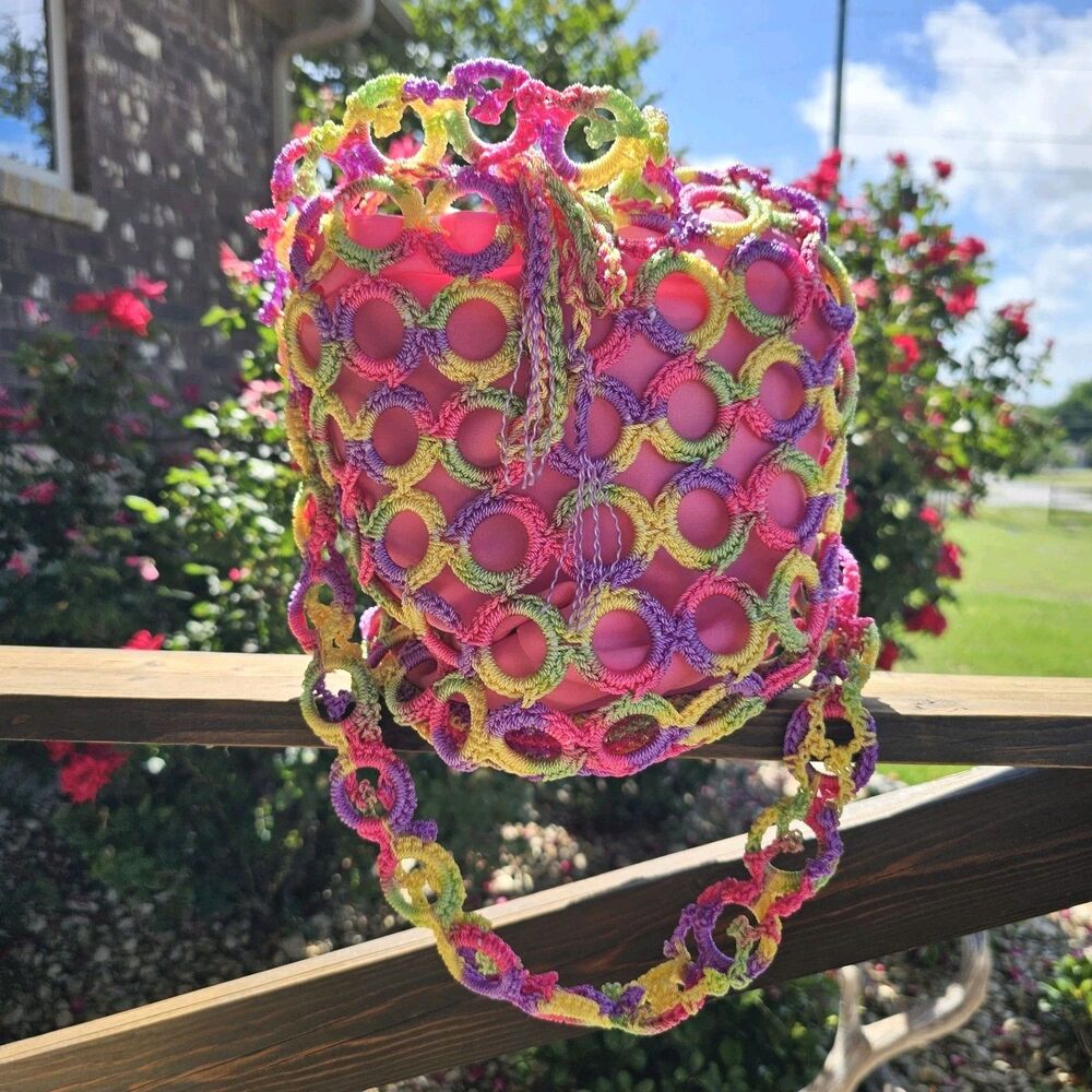Handmade Colorful Knit Crochet Bucketbag, Bright, Art To Wear, Funky